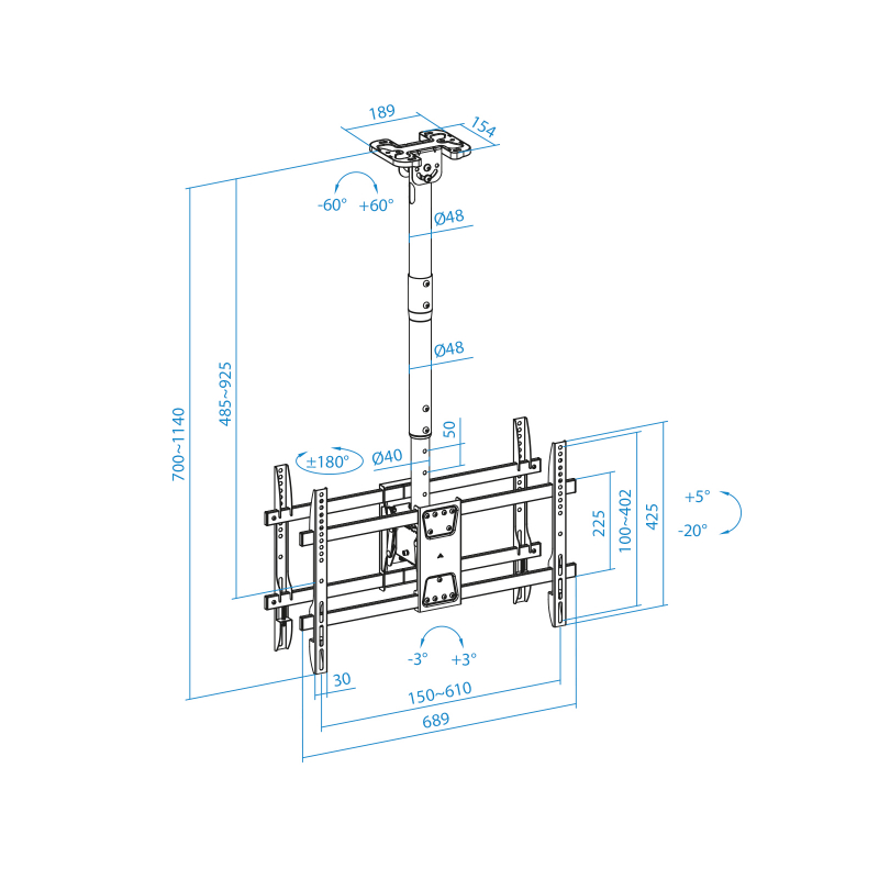 SOPORTE TECHO 2 PANTALLAS 43"-86" GIRO/INCLINABLE NEGRO TOOQ