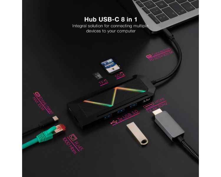 HUB USB-C 8 PUERTOS USB 3.0 RGB NANOCABLE