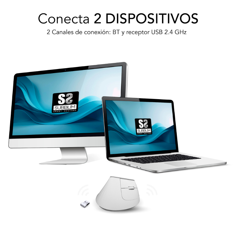 RATON OPTICO DUAL NATURE VERTICAL ERGO DUAL BATERIA BLANCO SUBBLIM