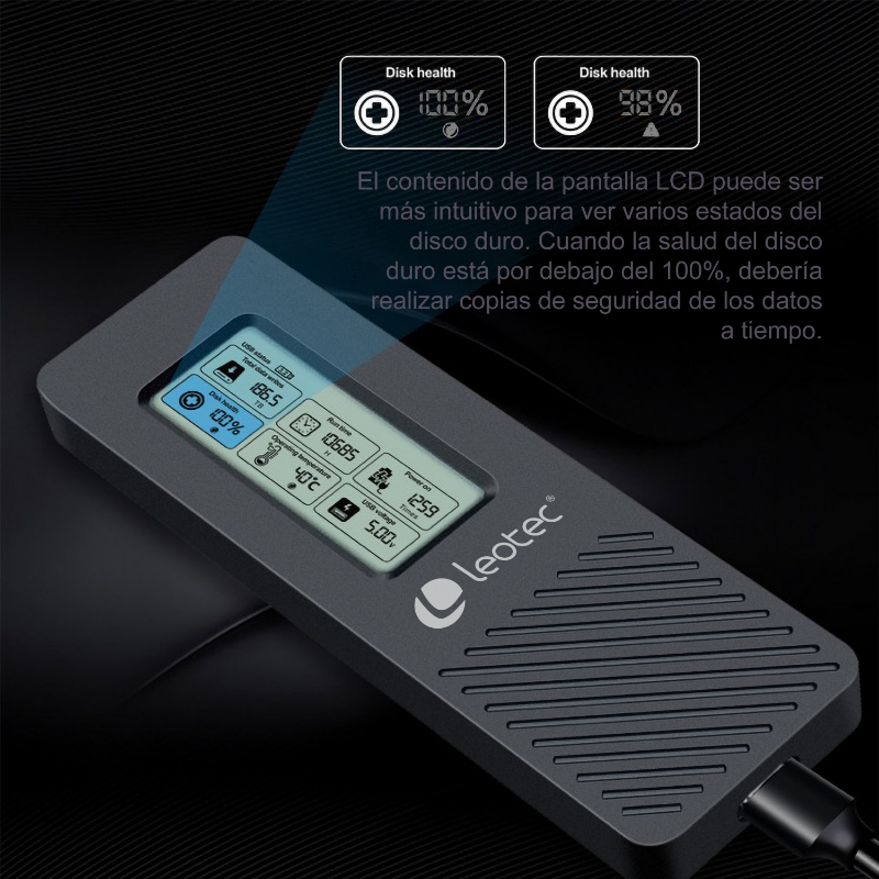 CAJA EXTERNA SSD M.2 NVMe CON PANTALLA LCD NEGRO LEOTEC